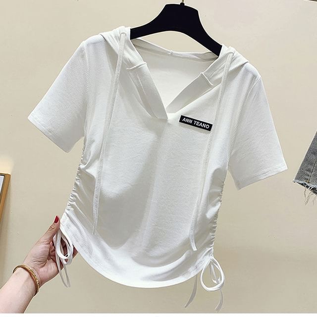 Short-Sleeve Lettering Tee Drawstring V-Neck
