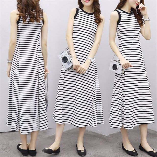 Striped A-Line Midi Tank Dress Neck Crew