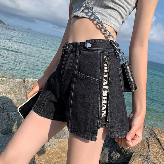 Shorts Zip Denim Washed Lettering Print Waist High Slit