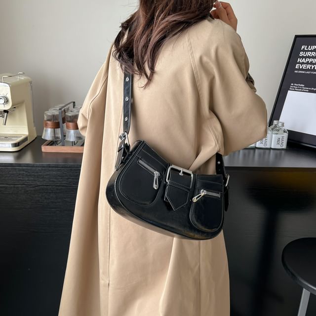 Faux Buckled Leather Shoulder Bag