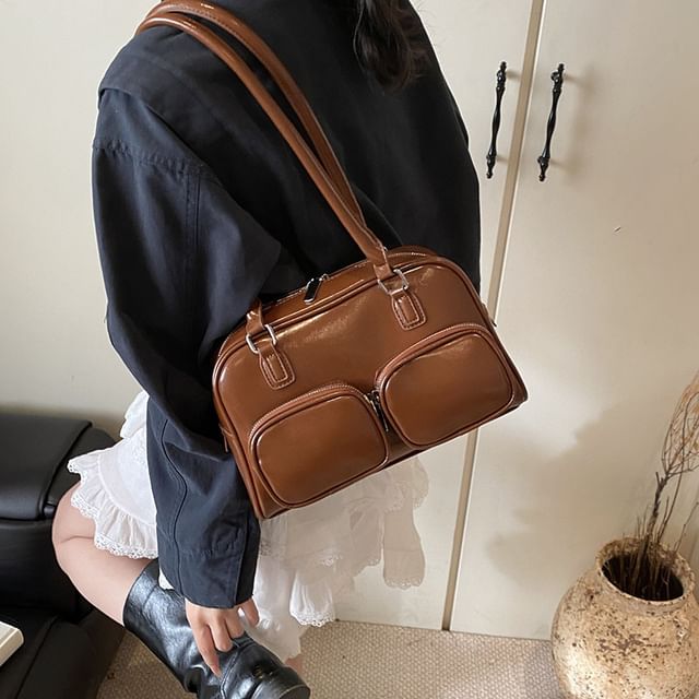 Leather Plain Bowler Bag Faux