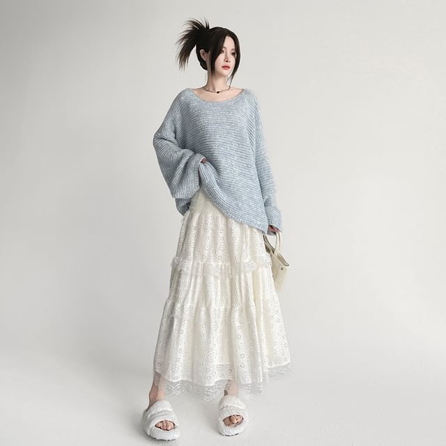 Panel High Lace Plain A-Line Waist Skirt Midi