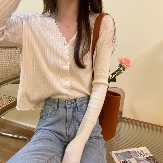 Cropped Plain V-Neck Ribbed Cardigan Knit