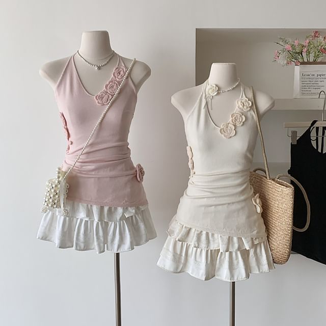 Floral Top Crochet Halter Plain