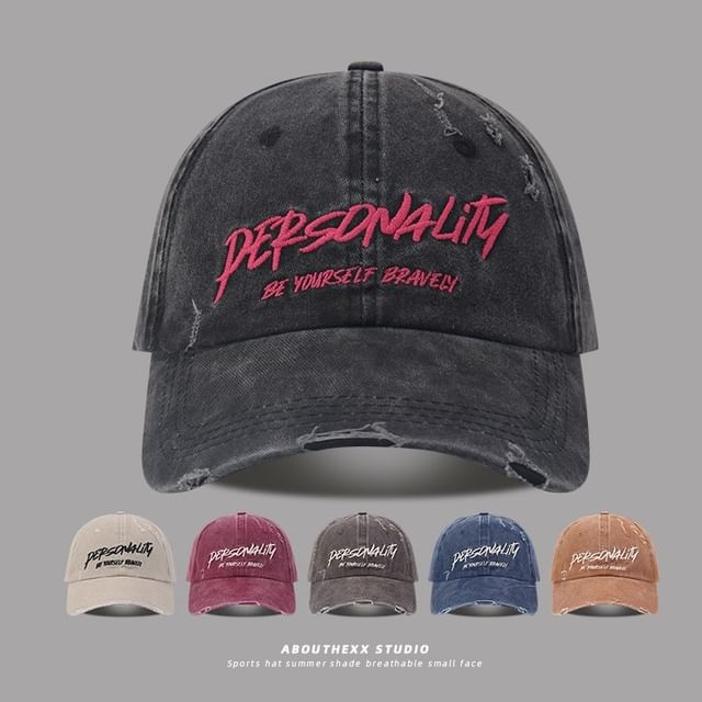 Distressed Lettering Cap Embroidered Washed Baseball