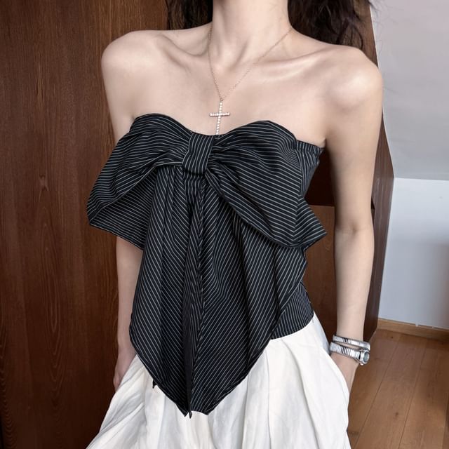 Plain Striped Leg Waist / High Accent Tube Pants Crop Wide Top Bow