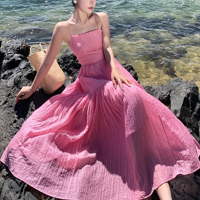 Maxi A-Line Textured Spaghetti Strap Plain Dress