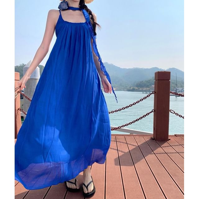 Trim Spaghetti Neck A-Line Dress Plain Maxi Strap Scoop Ruffle