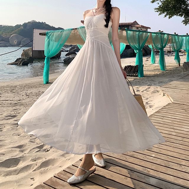 Plain Ruched Maxi Dress A-Line Spaghetti Strap