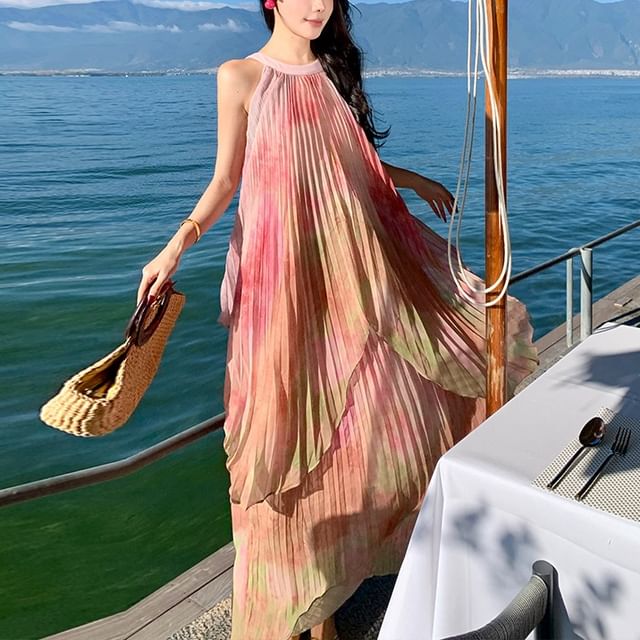 Maxi A-Line Dye Crew Sleeveless Neck Dress Pleated Tie