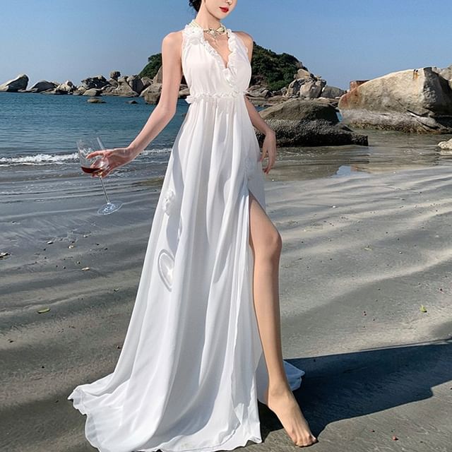 V-Neck Dress Plain Maxi A-Line Sleeveless Slit