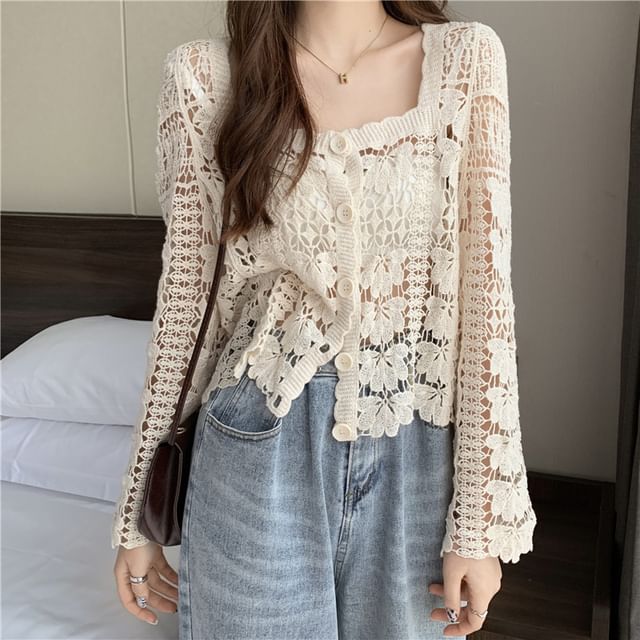 Crochet Neck Cropped Floral Cardigan Square