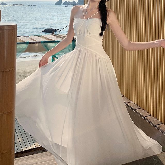 Plain Ruched Maxi Dress A-Line Spaghetti Strap