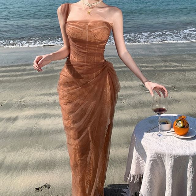 Maxi Sleeveless Evening One Ruffle Shoulder Sheer Sequin Gown