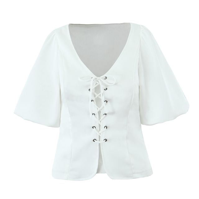V-Neck Puff Sleeve Lace-Up Blouse & Layered Mini Skirt Set