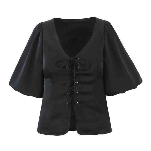 V-Neck Puff Sleeve Lace-Up Blouse & Layered Mini Skirt Set
