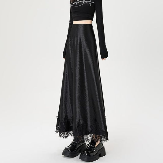 Satin A-Line Maxi Skirt with Lace Panel and High Waist