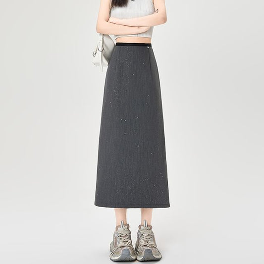 Glitter Slit Midi A-Line Skirt with High Rise