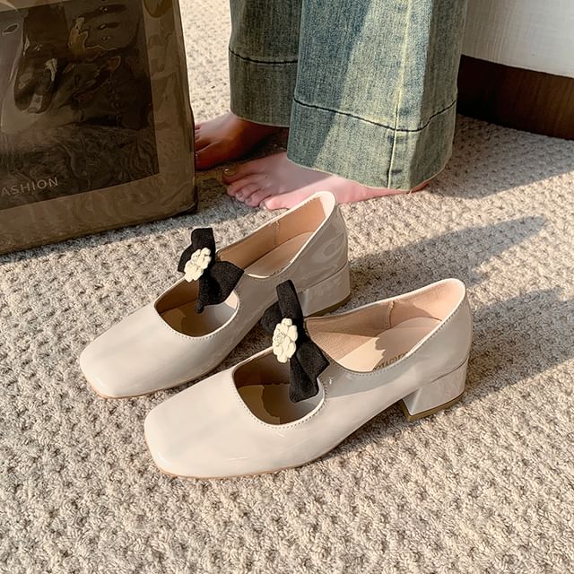 Mary Block Heel Pumps Jane Square Toe Bow Flower