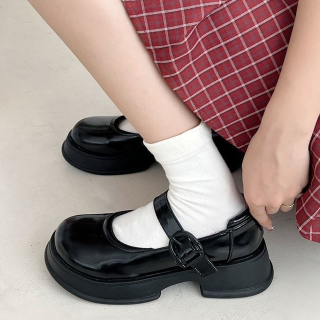 Platform Faux Plain Leather Shoes Buckled Jane Mary