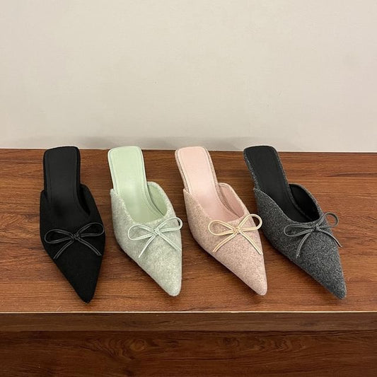 Toe Mules Plain Chunky Pointed Heel Accent Bow