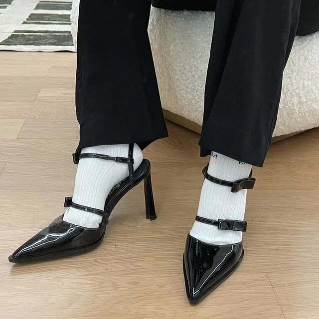 Ankle Accent Leather Toe Bow Pointed Patent Sandals Stiletto Strap