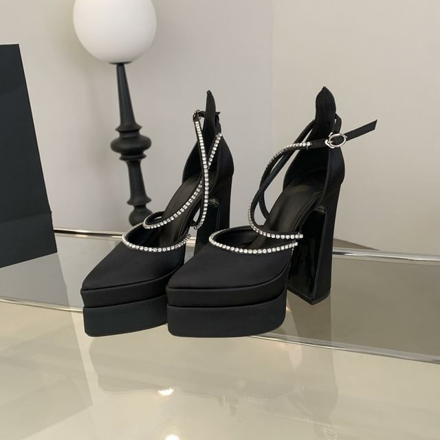 D'Orsay Chunky Pumps Toe Rhinestone Accent Heel Pointed