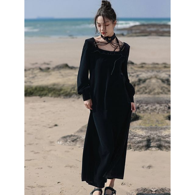 Velvet Frill Trim Halter Neck A-Line Maxi Dress