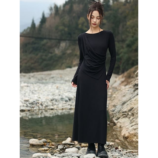 Mock Two-Piece Ruched Crew Neck Long Sleeve A-Line Maxi