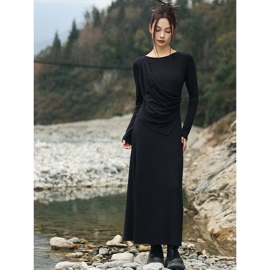 Mock Two-Piece Ruched Crew Neck Long Sleeve A-Line Maxi