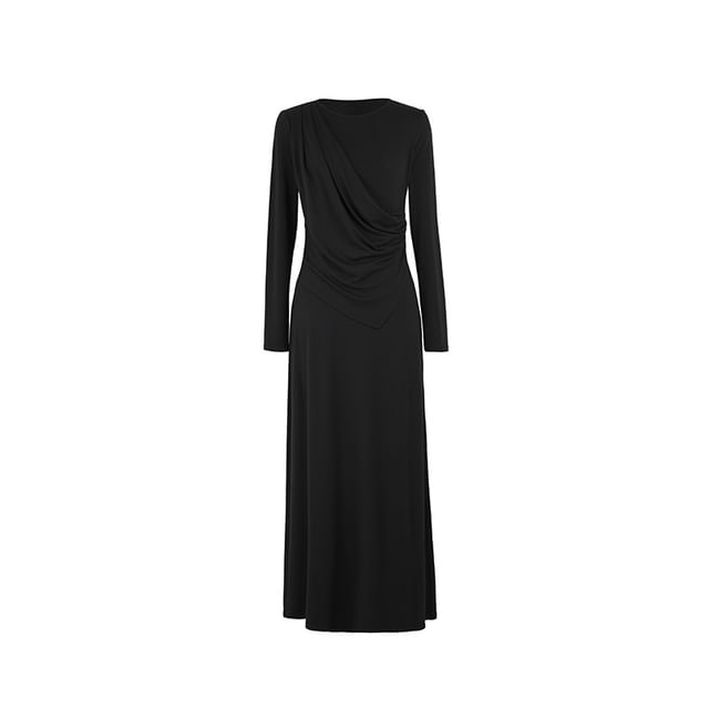 Mock Two-Piece Ruched Crew Neck Long Sleeve A-Line Maxi