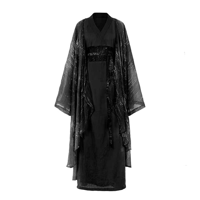 Long Sleeve Wrap Dress with Tie-Dye Jacket and Belt Set