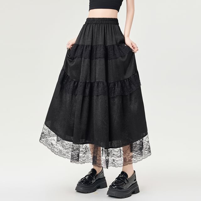 Maxi Plain Trim High A-Line Skirt Rise Lace