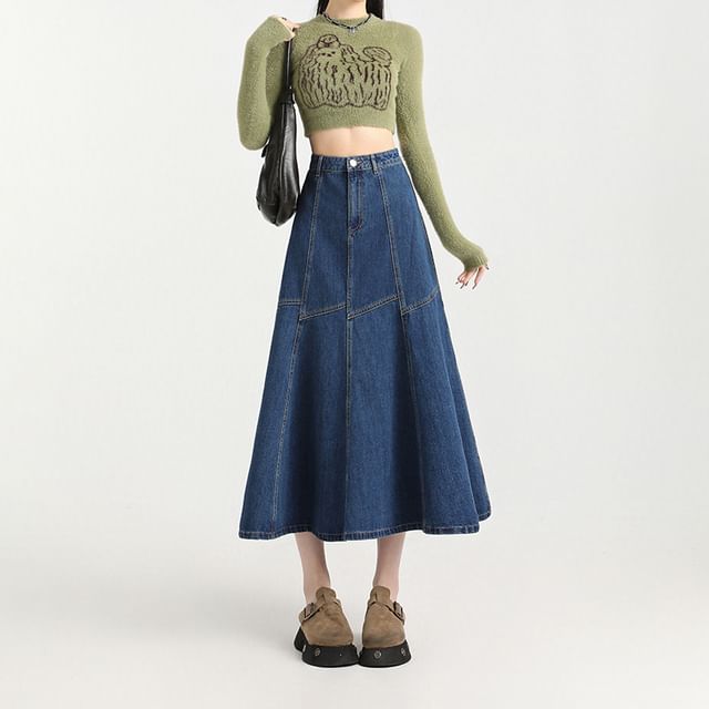 Contrast High Stitching Skirt Denim A-Line Rise Midi