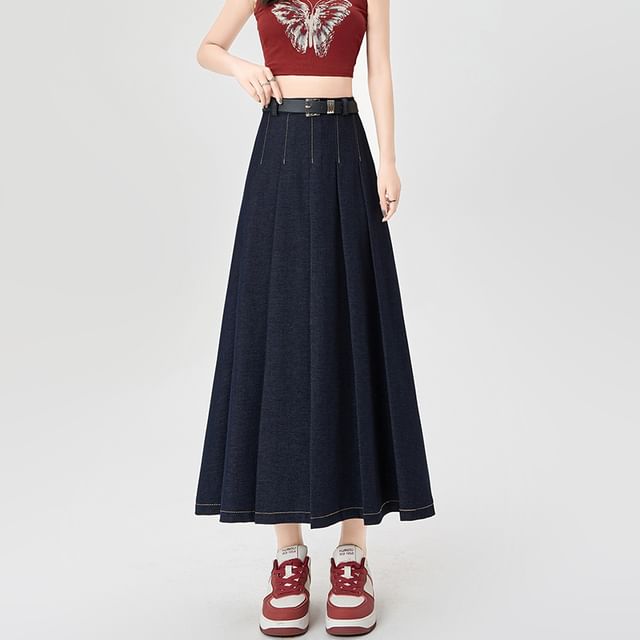 High Skirt Rise Contrast Denim Maxi Accordion Stitching A-Line Pleated