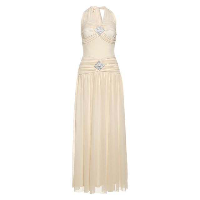 Ruched Halter Neck Sleeveless A-Line Maxi Dress
