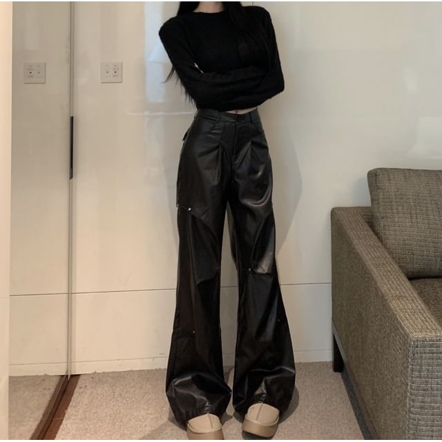 Top Faux Crop Leg Leather Plain Long-Sleeve Pants Rise Round High / Neck Wide