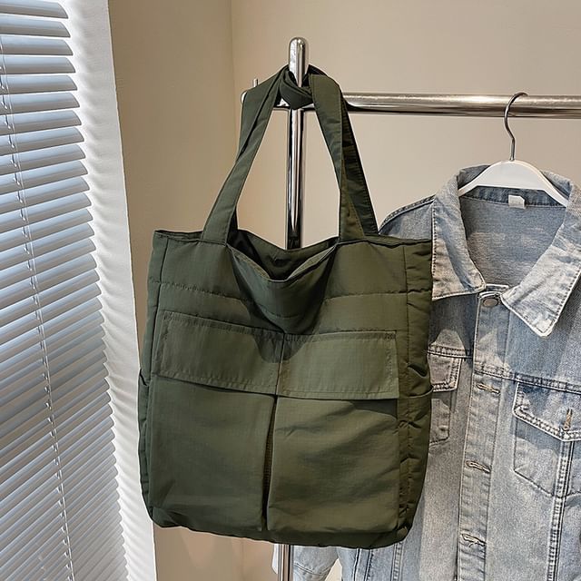 Tote Plain Flap Fabric Bag Pocket