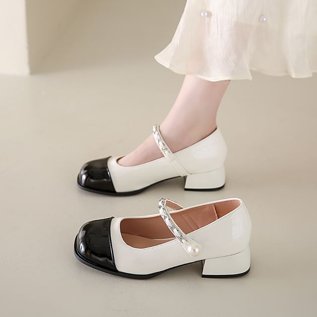 Chunky Heel Pumps Mary Jane Faux Accent Toe Pearl Cap
