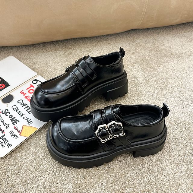 Shoes Leather Faux Buckled Platform Plain