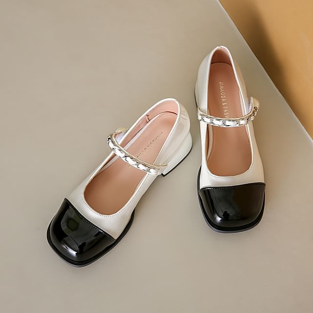 Chunky Heel Pumps Mary Jane Faux Accent Toe Pearl Cap