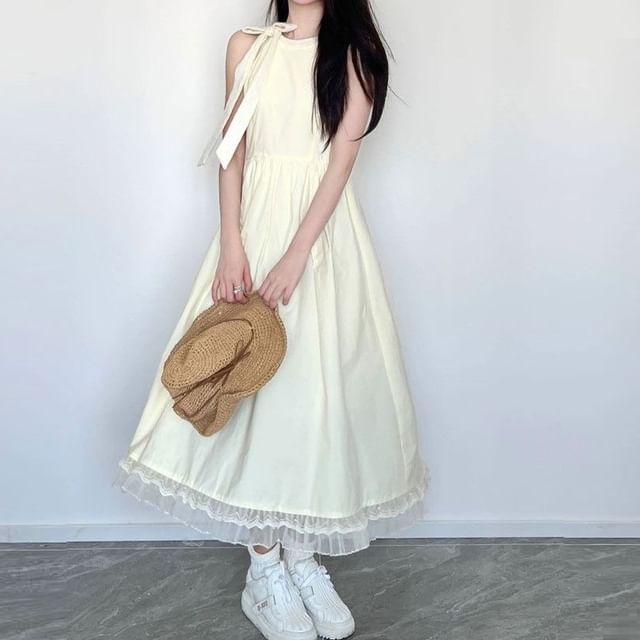 A-Line Maxi Dress Panel Sleeveless Plain Bow Mesh Neck Round