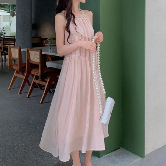 A-Line Sleeveless Neck Dress Midi Round Panel Plain