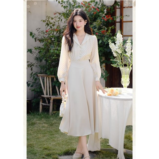 Dotted Collared Mock Two-Piece Long Sleeve A-Line Maxi