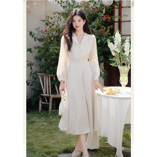 Dotted Collared Mock Two-Piece Long Sleeve A-Line Maxi