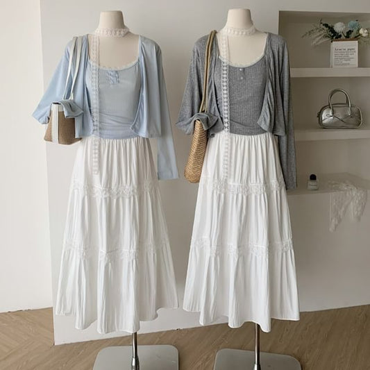 Set: Sheer Crop Cardigan, Cami Top & High-Rise Maxi A-Line Skirt