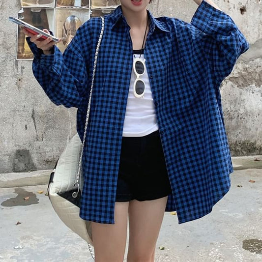 Button Collared Plaid Shirt Up Long-Sleeve