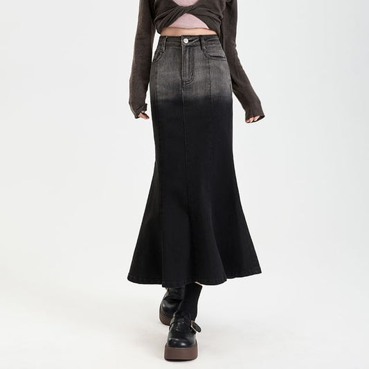 Gradient Washed Denim Mermaid Midi Skirt with High Rise