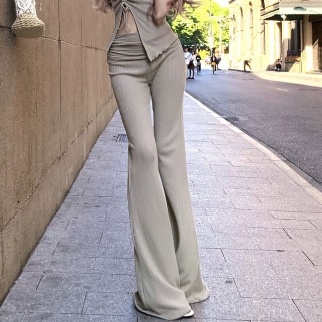 Drawstring Strapless Waist Side-Slit / High Pants Plain Flared Asymmetrical Top