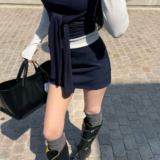 Pencil Mini Collar Top Tee High Long-Sleeve Contrast Skirt / Plain Trim Tube Waist Tie-Front